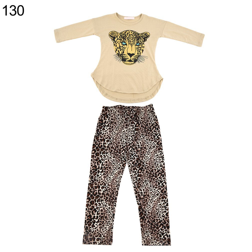 2Pcs Kids Baby Girls Dress Leopard Long Sleeve T-shirt leggings Pants Set 2-7Y 