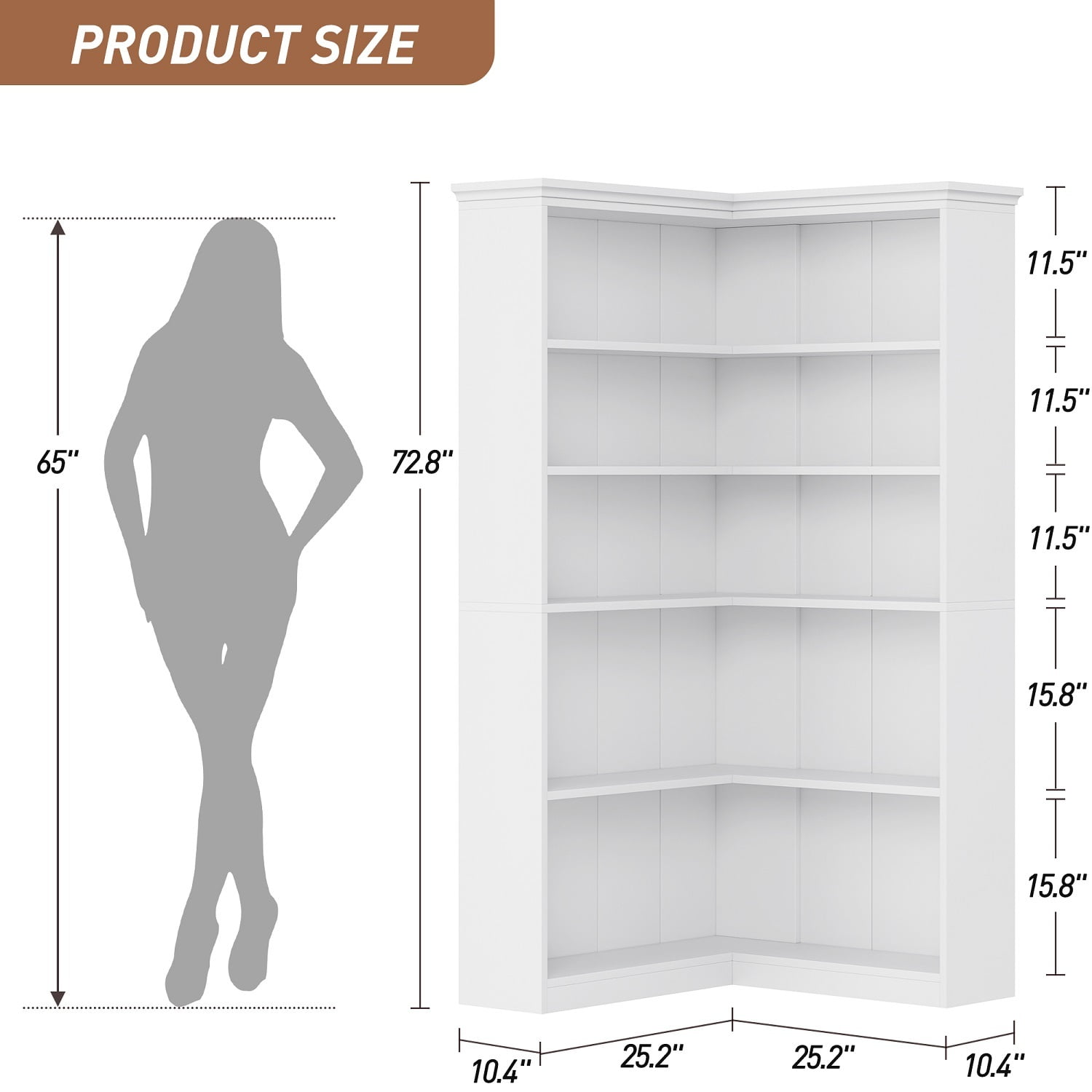 EuKer 5 Tier Corner Bookcase, L-Shaped Bookshelf with Large Storage Capacity for Living Room, Bedroom, Office (Full Panel, White)