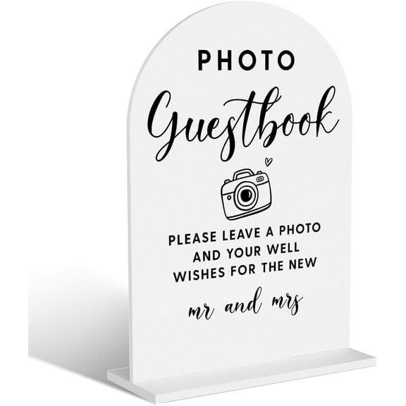 Acrylic Wedding Signs, Photo Guestbook Signs for Marriage Reception, Bridal Shower Decorations, Modern Arched Round Top Acrylic Table Top Sign with Holder for Wedding Party Dinner (White)