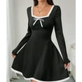 thumbnail image 5 of Fall Long Sleeve Mini Dress Lace U Neckline Tie A Line Cute Casual Short Party Dresses for Women Black S, 5 of 9