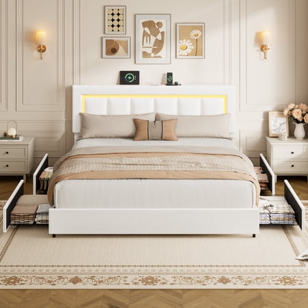 4 Drawer Bed Frame, Pu Leather Platform Bed with Led Lights and Usb Charging for Bedroom