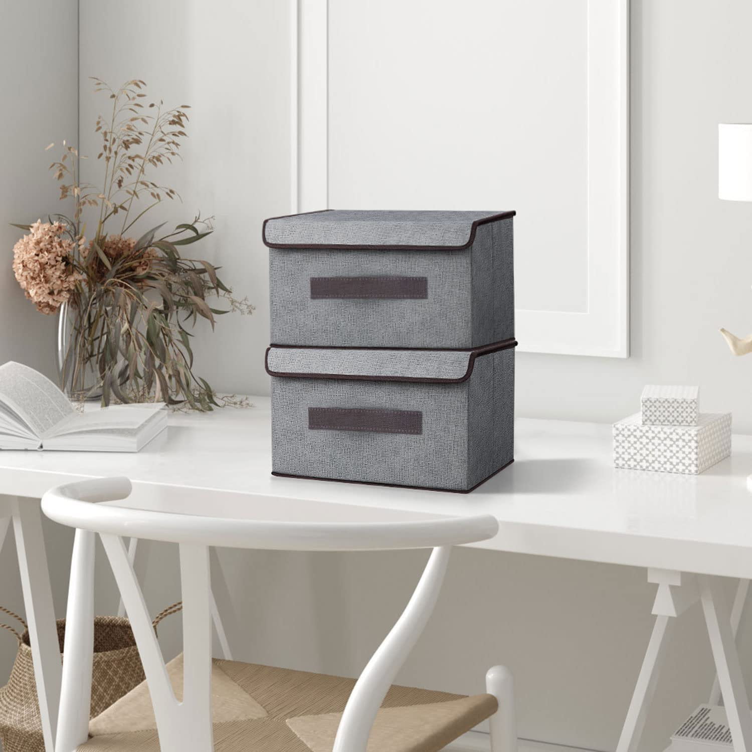 TRIANU Storage Bins with Lids, Large & Small Foldable Storage Boxes Bins Stackable Storage Box Basket Closet Organizer with Handle for Shelf, Office, Toys, Clothes, Books, 2Pack, Gray