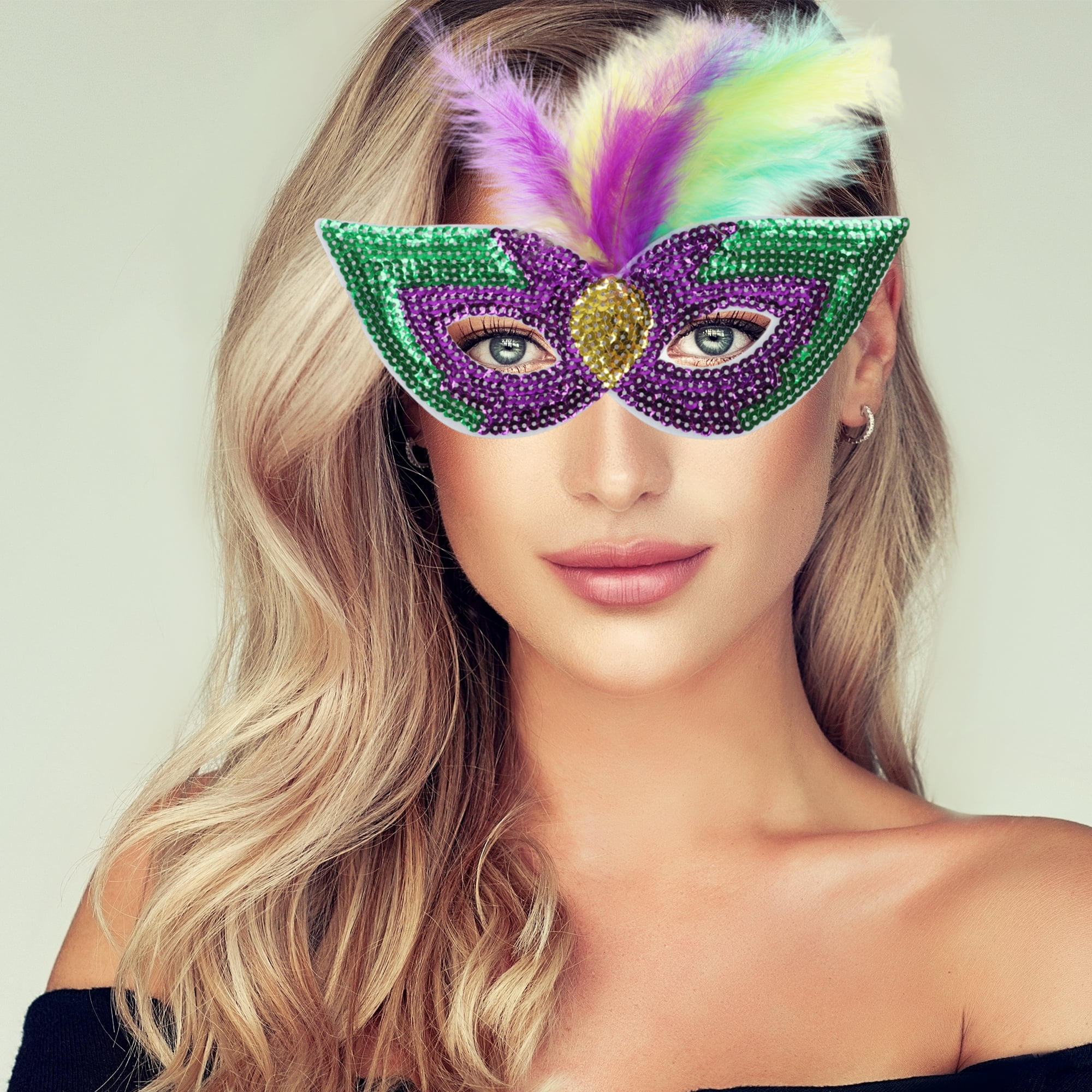 Unique Bargains 1 Box Colorful Feather Sequins Half Face Party Mask Purple