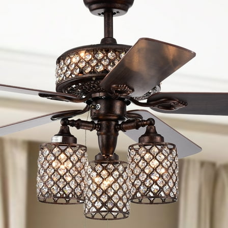 Warehouse of Tiffany Pristil 5-Blade 52-Inch Rustic Bronze Lighted Ceiling Fans with Crystal Grid Shade (2 Color Option Blades)