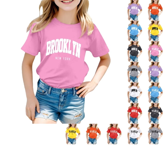 SUXIAN T-Shirts pour Enfants Mode Décontractée Imprimé Col Rond Ample Manches Courtes T-Shirt Haut Col Rond T-Shirt pour Enfants Rose_003 11-12 Ans