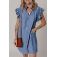thumbnail image 3 of Women's Sky Blue Stripe Frilly Split Neck Shirred Ruffle Sleeve Mini Dress - [ZhiHiMeRi] | (US 12-14)L, 3 of 12