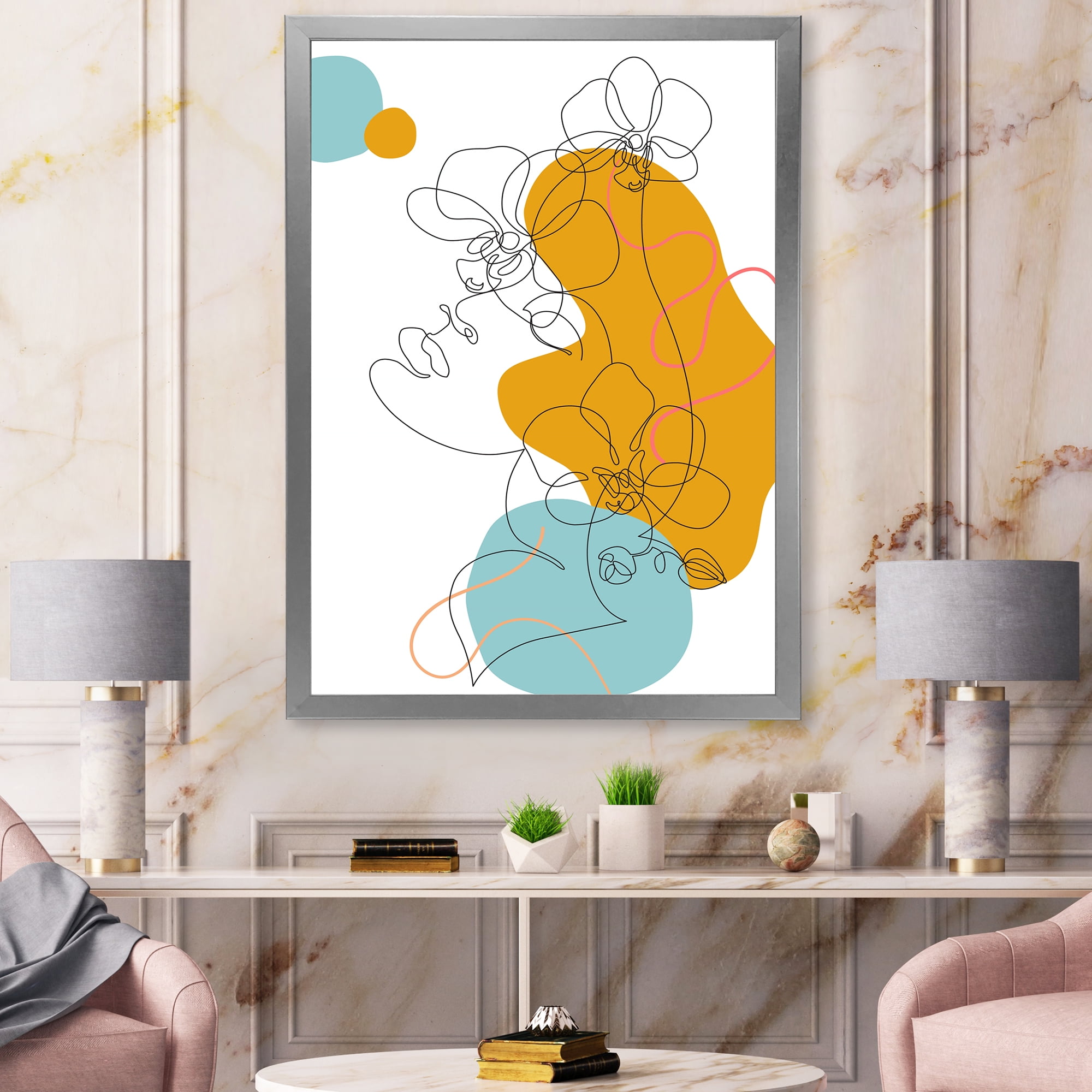 Designart 'Beautiful Woman Portrait With One Line Drawing' Modern Framed Art Print