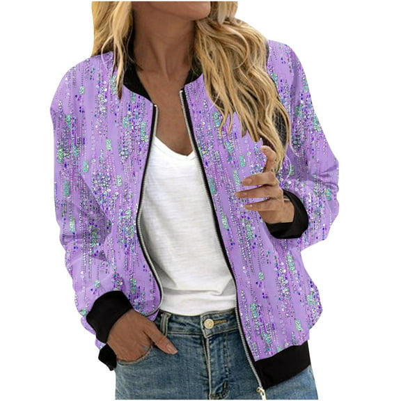 TFEOQRY Women's Fashion Sequin Decorative Outwear Jackets Casual Long Sleeve Zippered Coat with Pockets Purple