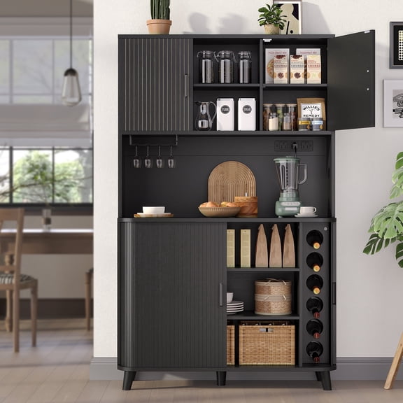 Aufeile 71" Kitchen Pantry Storage Cabinet with Charging Station, Coffee Bar Station with Tambour Sliding Door, 39" W Large Hutch with Adjustable Shelves for Kitchen, Dining Living Room, Black