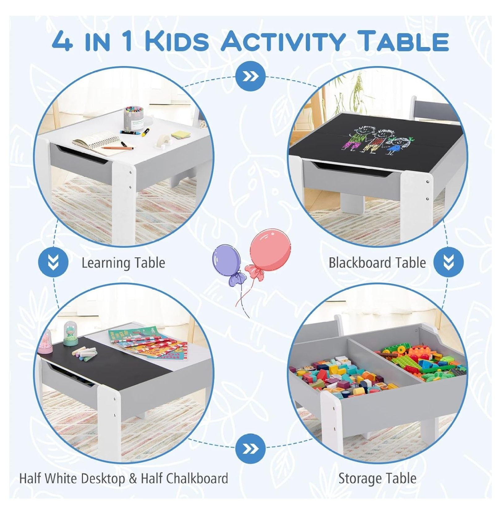Kids Table and Chair Set, 4-in-1 Wooden Activity Table with 2 Chairs, Reversible Blackboard, Toddler Furniture for Art, Storage, Ages 3-6
