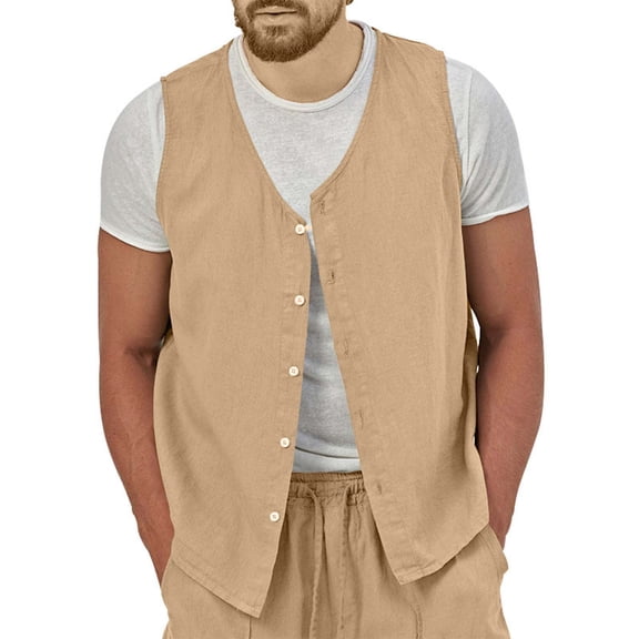 CIENVNSTG Button Down Sleeveless Casual Cotton Linen Vest For Men Solid Lightweight Breathable Waistcoat Versatile Beach Cardigan Tops For Outdoor Daily Business Suit Matching Outfits Earthy Yellow M
