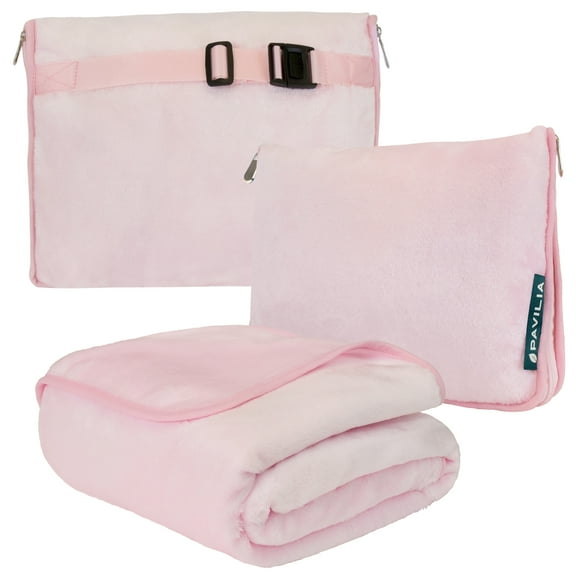 PAVILIA Travel Blanket Pillow, Soft Airplane Blanket 2-IN-1 Combo Set, Plane Blanket Compact Packable, Flight Essentials Car Pillow, Travelers Gifts Accessories, Luggage Backpack Strap, 60x43 Pink