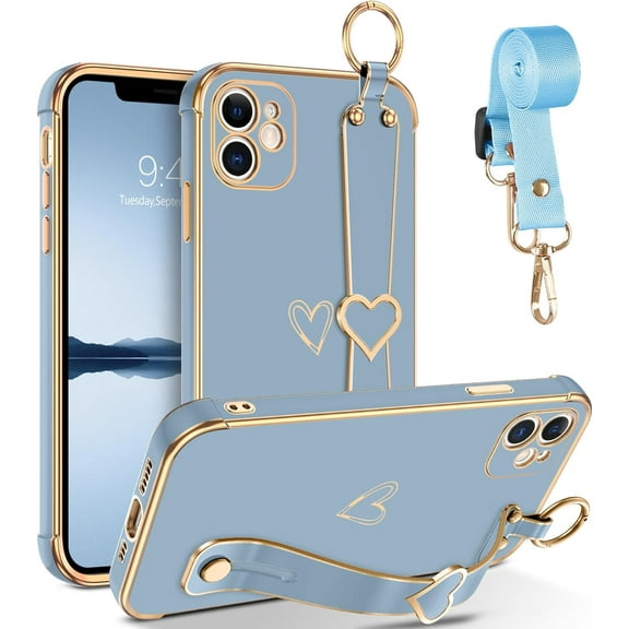 for iPhone 12 Case, Cute Heart Design Wristband Lanyard Cross Body Strap Electroplated Camera Protection Shockproof Protective Case Women Girls for iPhone 12 6.1"-Grey