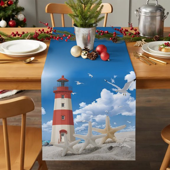 Table Runner 90 Inches Long - Coastal Beach Lighthouse Decorative Table Scarf, Nature Sea Scenery Dining Table Runners for Wedding Party Kitchen Dining Tables