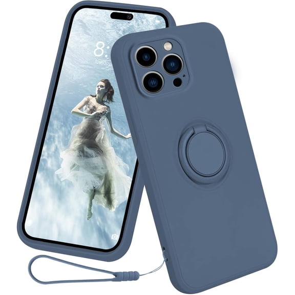 Case for iPhone 15 Pro Max(2023 Released), Silicone Case with Ring 360°rotatable Kickstand Support Magnetic Car Mount,Protective Cover with Strap Lanyard (Blue)