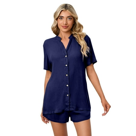 

Vedolay Women Sleepwear 2023 Women s 2 Piece Outfits Short Sleeve Button Knit Top Wide Leg Pants Sweatsuit Slouchy Loungewear Set Blue 4XL