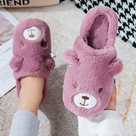 

〖Yilirongyumm〗 Purple 36-37 Slippers For Women Warm Plush Furry Shoes Flat Cartoon Slip-On Open Winter Home Slippers Keep Toe Women Slipper