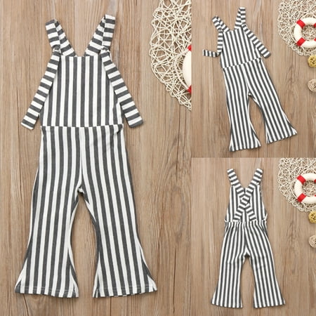 Apple Bottoms Romper Kids Baby Girls Stripes Flared Pants Overall Bodysuit Romper Bell Bottom Outfits Gray 6-12M ()