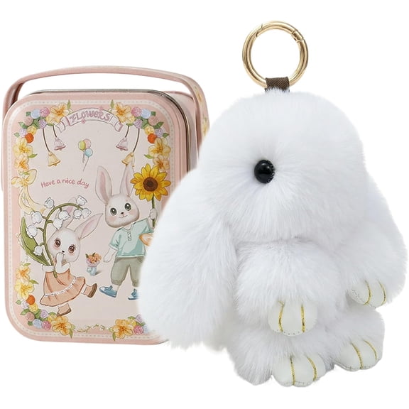 Bunny Keychain with Tin Box lulu, Plush Bunny Keychain with Exquisite Box, for Easter Birthday Gift, Rabbit Charm