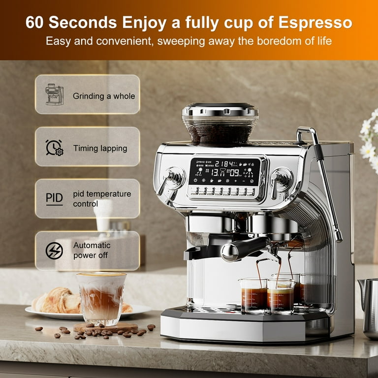 Mcilpoog TC530 Espresso Machine with Grinder，Semi Automatic Coffee Machine  with Milk Frother,Easy To Use Espresso Coffee Maker with 6 inch Large
