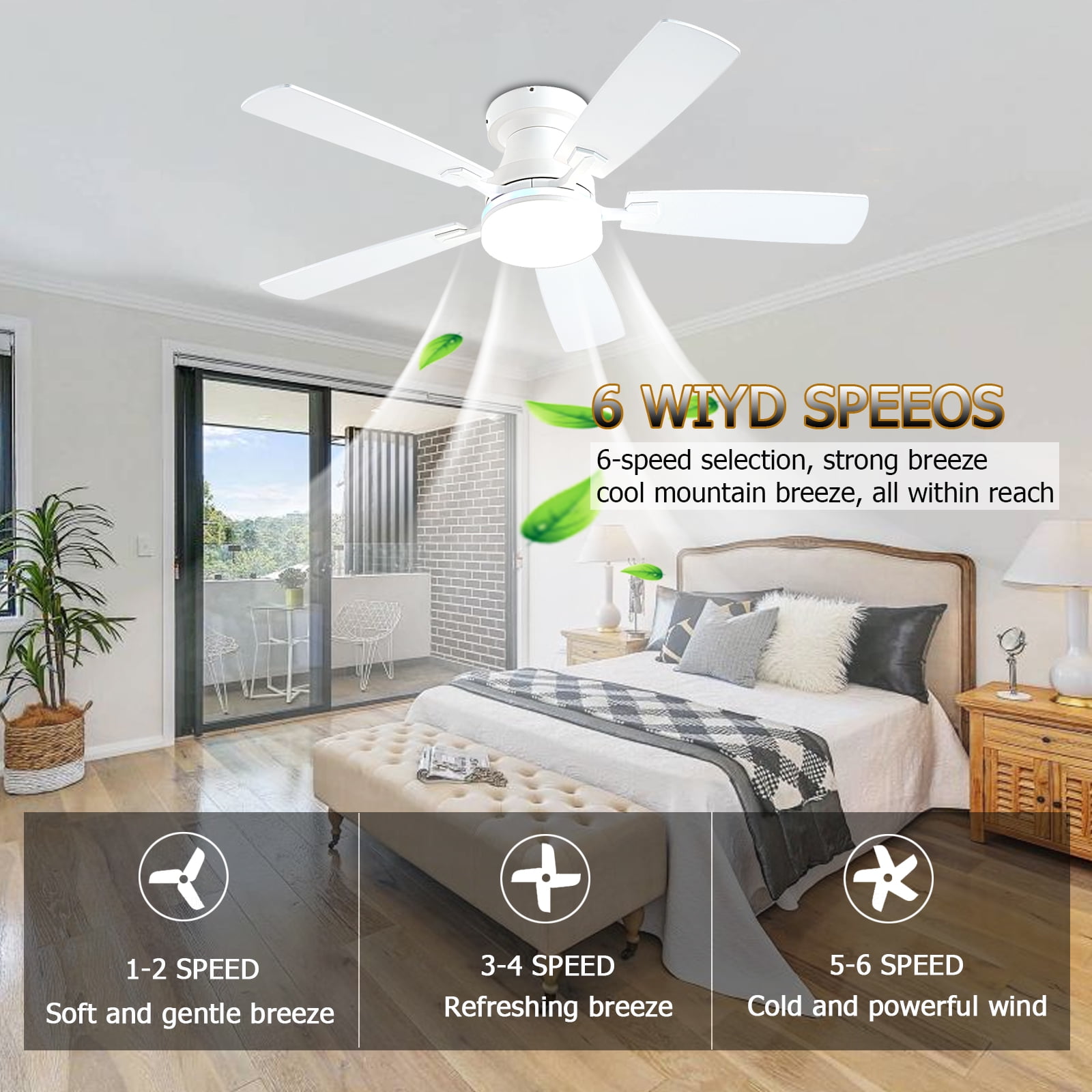 Ayaoty Ceiling Fans with Lights, 48 inch Low Profile Ceiling Fan with Light and Remote Control, Flush Mount RGB Dimmable Light, Noiseless, White Ceiling Fan for Bedroom Indoor/Outdoor Use