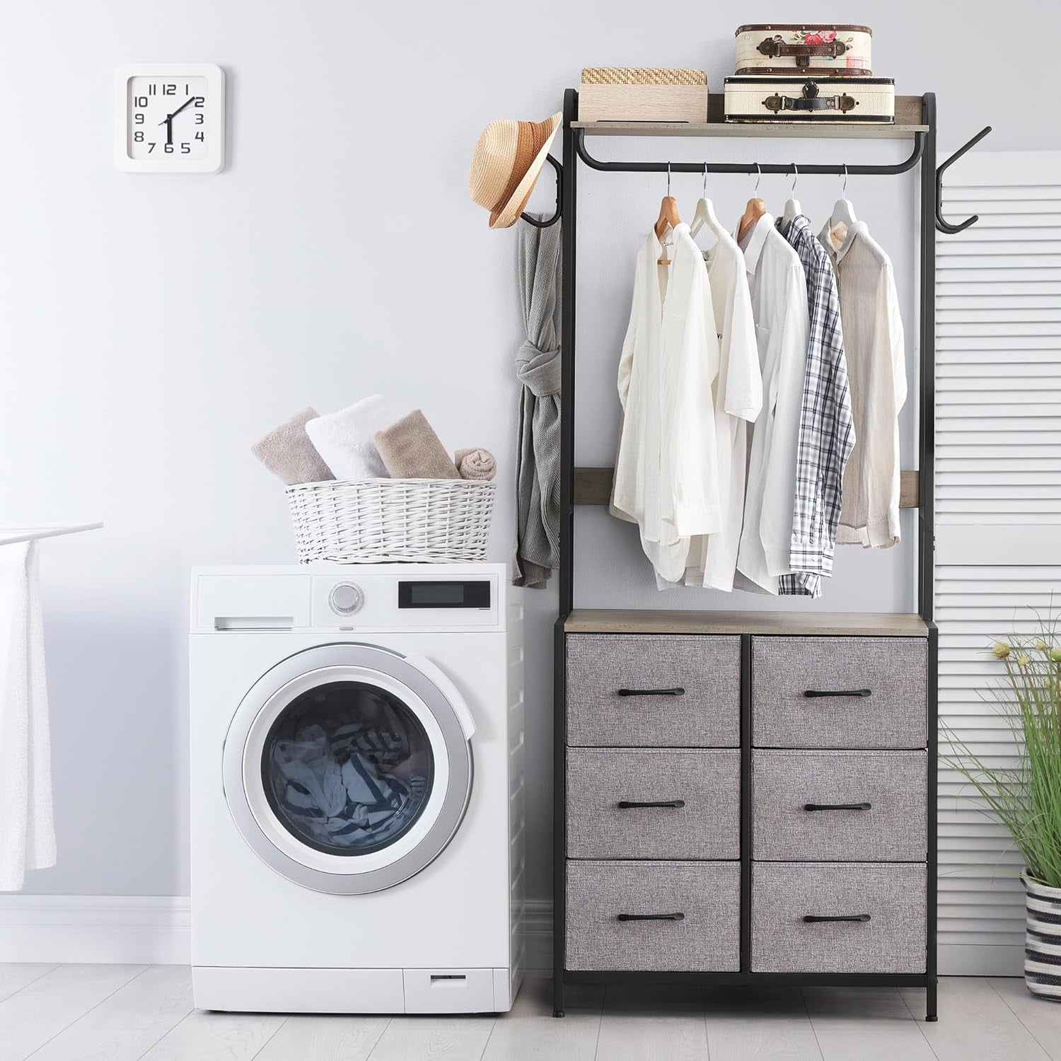 Jojoka 6-Drawers Dresser with Clothes Rack, 4 Hooks and Hanging Rods, Chest of Drawers Storage Organizer with Metal Frame, Wood Top & Fabric Drawer Jojoka 6-Drawers Dresser with Clothes Rack, 4 Hooks and Hanging Rods, Chest of Drawers Storage Organizer with Metal Frame, Wood Top & Fabric Drawer