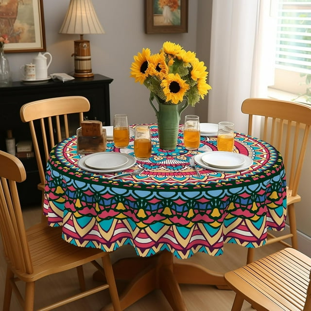 Bohemia Round Tablecloth 70inch,Tablecloth Waterproof and Wrinkle-Free, Boho Table Covers, Summer Decorations for Home