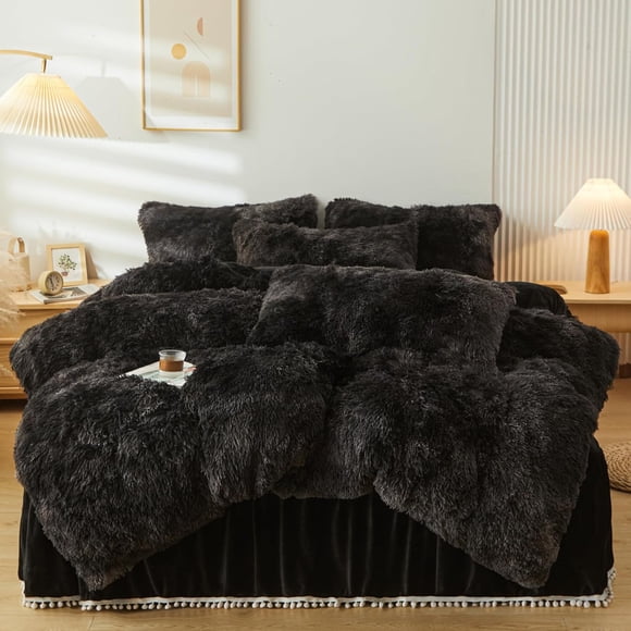 Fluffy Tie Dye Comforter Cover Set King - 3Pcs Faux Fur Duvet Cover and Pillowcases, Fuzzy Plush Bedding (Tie Dye Black, King)