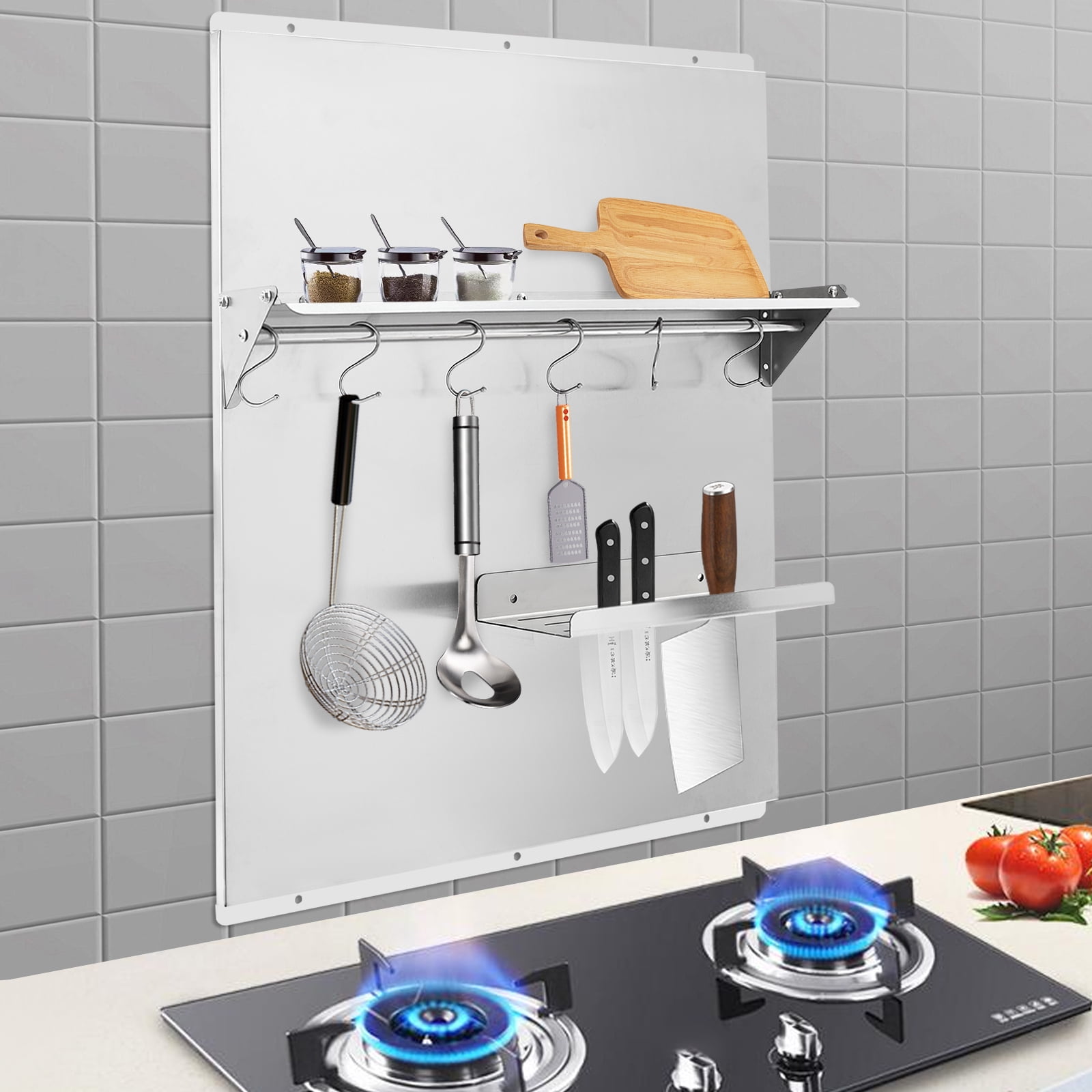 24x30 Inch Range Backsplash with Storage Shelf, Stainless Steel Splash Guard with 6 Hooks and Knife Rack, Easy Wall Mount for Kitchen Protection