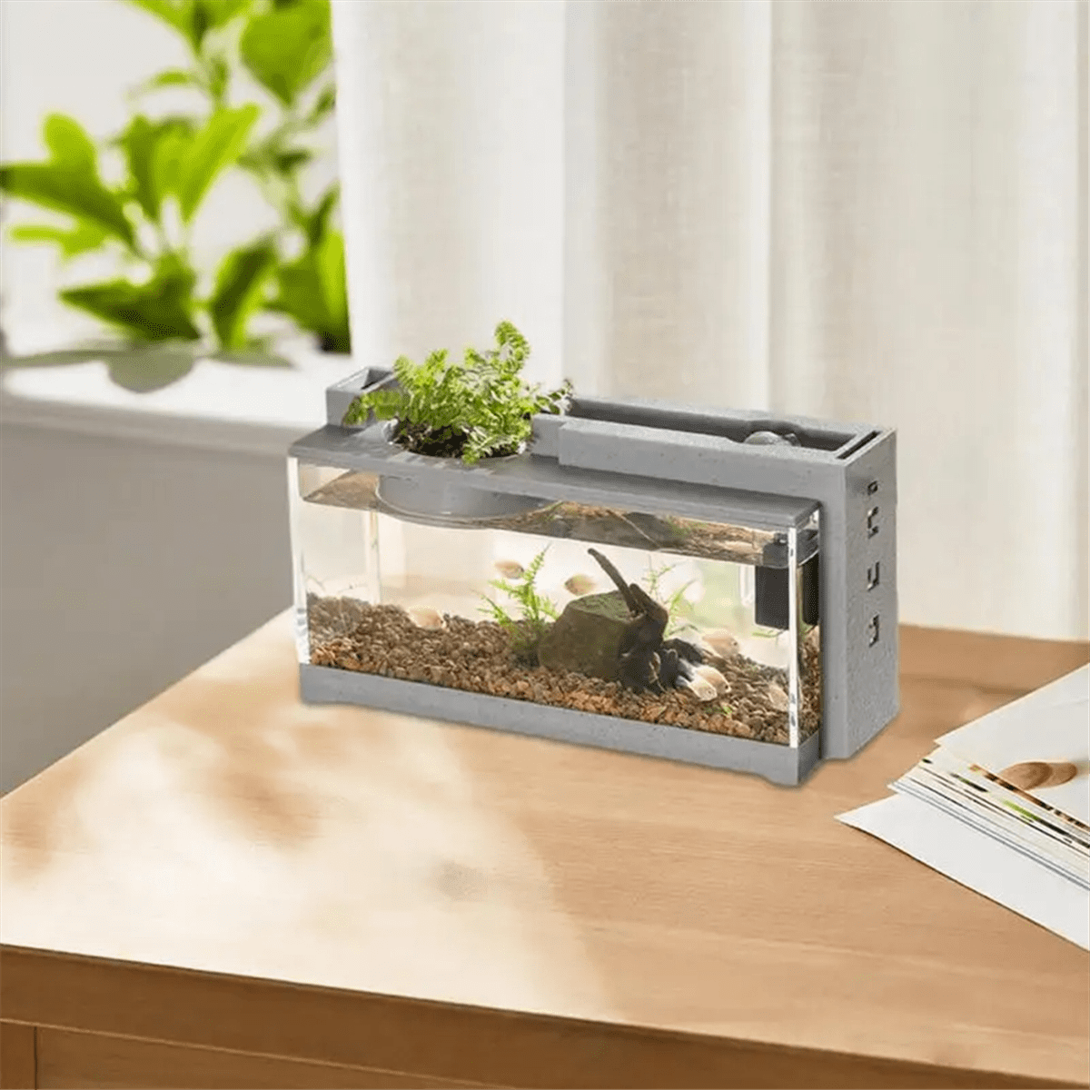 Mini Fish Tank Aquarium StarterKits Mute Water Flow Filter Mini Landscape Fish Tank Office Desktop Decoration A