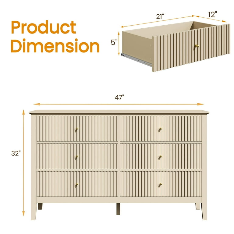 May Color Beige 6 Drawer Organizer, Fluted Modern Chest of Drawers