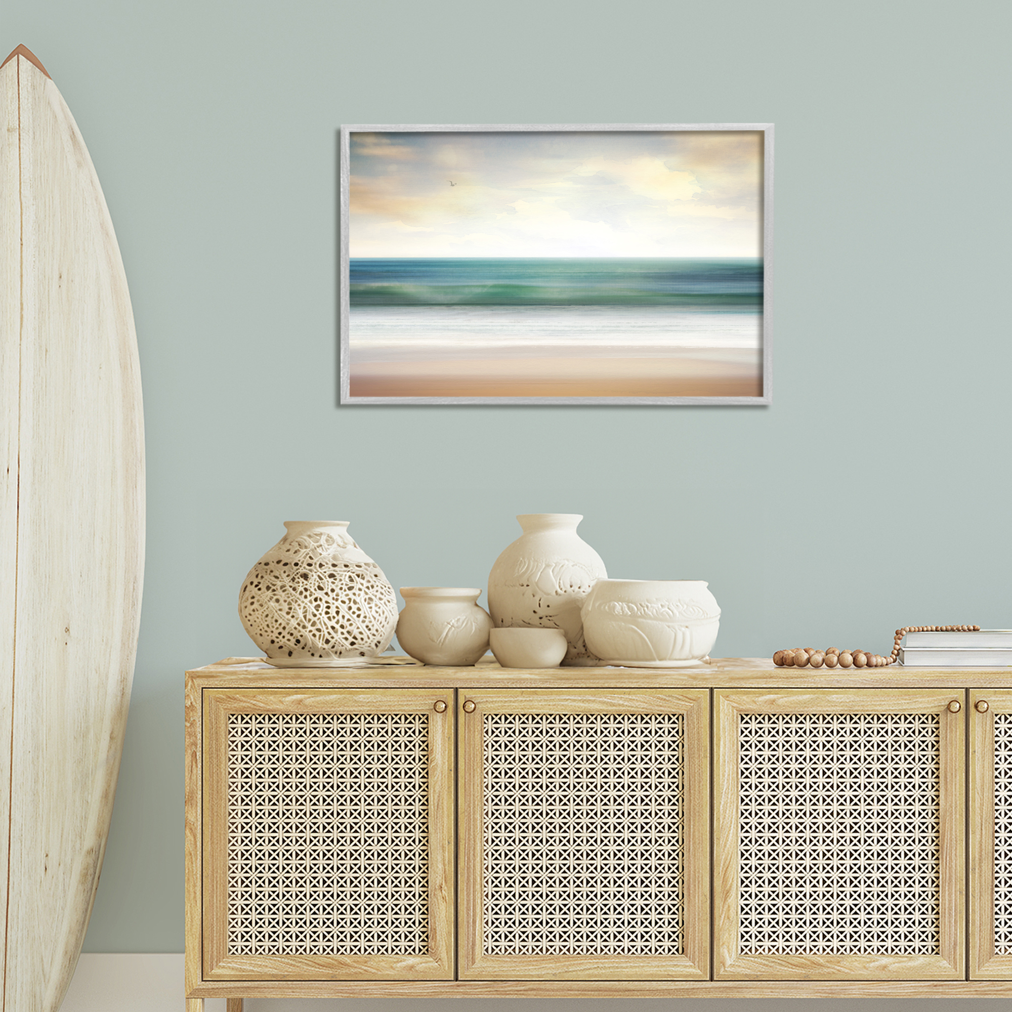 Stupell Industries Lone Seagull Over Beach Landscape Painting Gray Framed Art Print Wall Art, 30 x 20