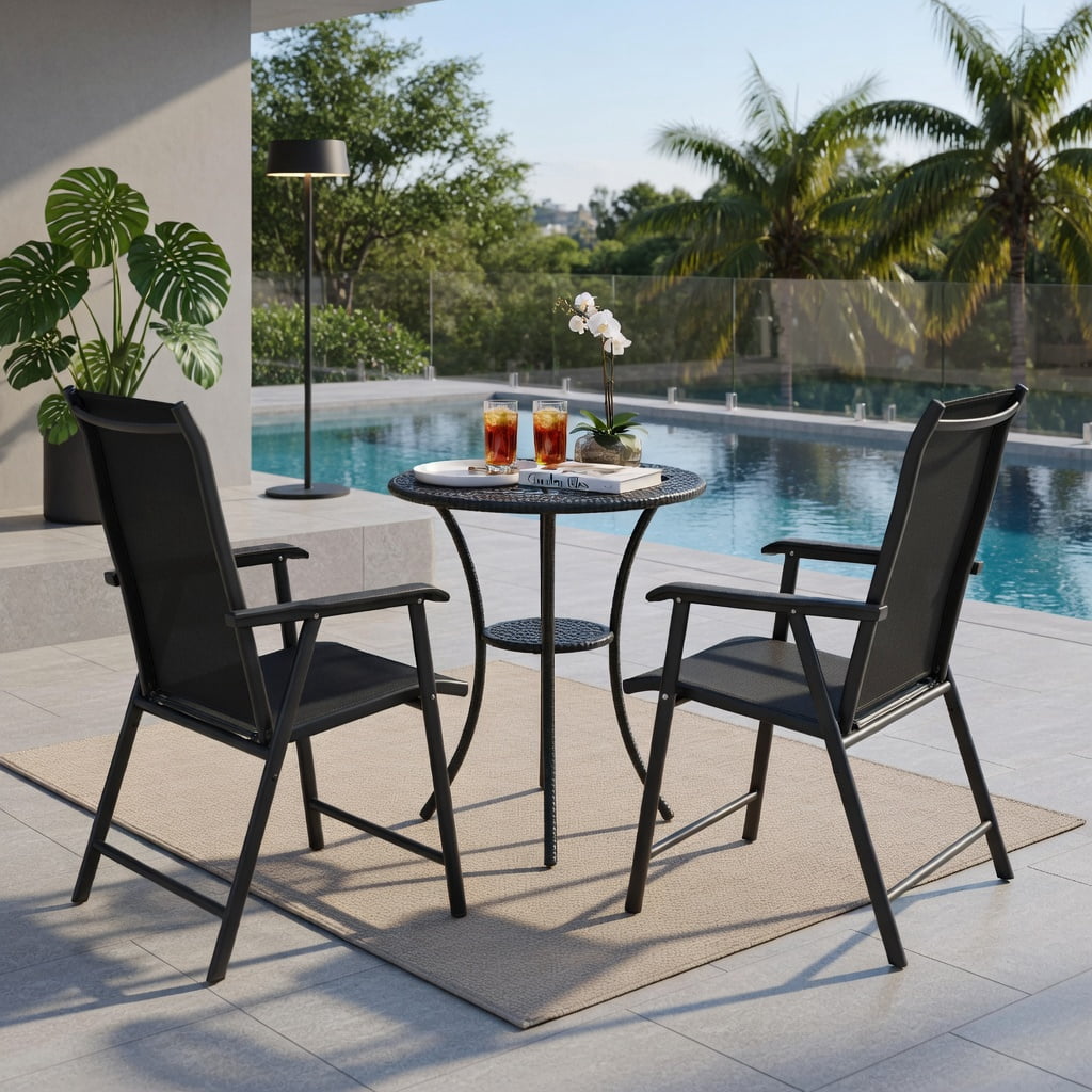 Hommoo 2-Pack Foldable Outdoor Patio Chairs with Ergonomic Armrests, Heavy-Duty Steel Frame, Weather-Resistant Fabric, Black