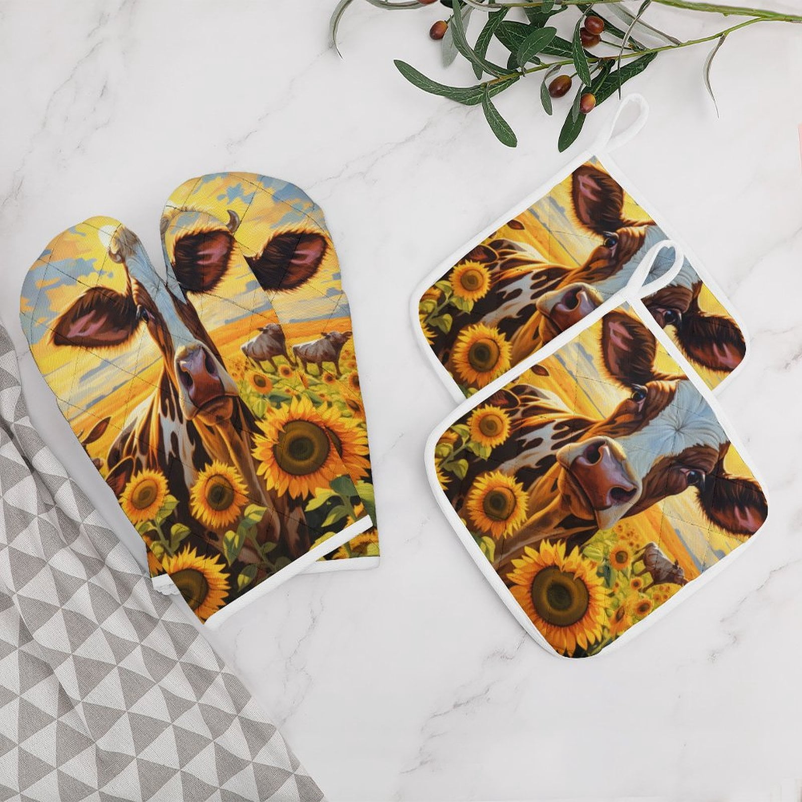 Farm Cows Heat Resistant Microwave Oven Gloves Set for BBQ Baking Grilling,Baking Gifts Cooks for Women,Housewarming Gifts for New Home