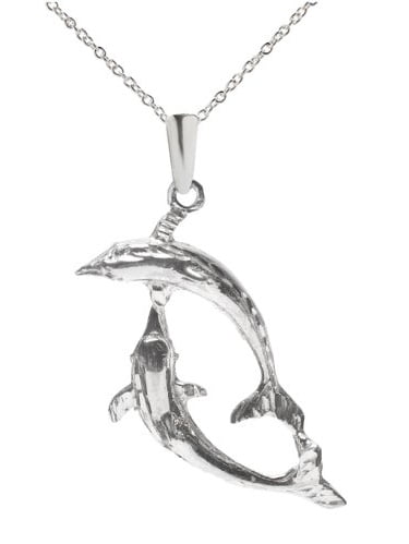 Sterling Silver Swimming Double Dolphin Charm Necklace on an 18 inch Box Chain