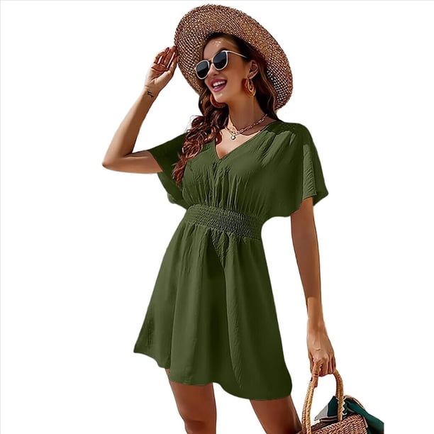 Vestido Informal de Verano para Mujer, Liso, con Escote en V, Volantes, Corta, Holgado, Verde , Talla L