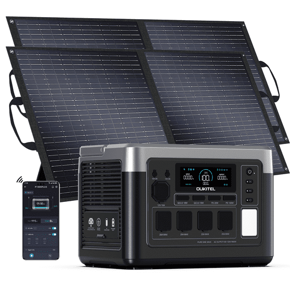 OUKITEL P1000 Plus 1800W/3600W Peak 1024Wh LiFePO4 Portable Power Station Solar Generator with 2x100W Panel, Fast Charge, EPS Backup, APP Control for Home Camping RV Emergency