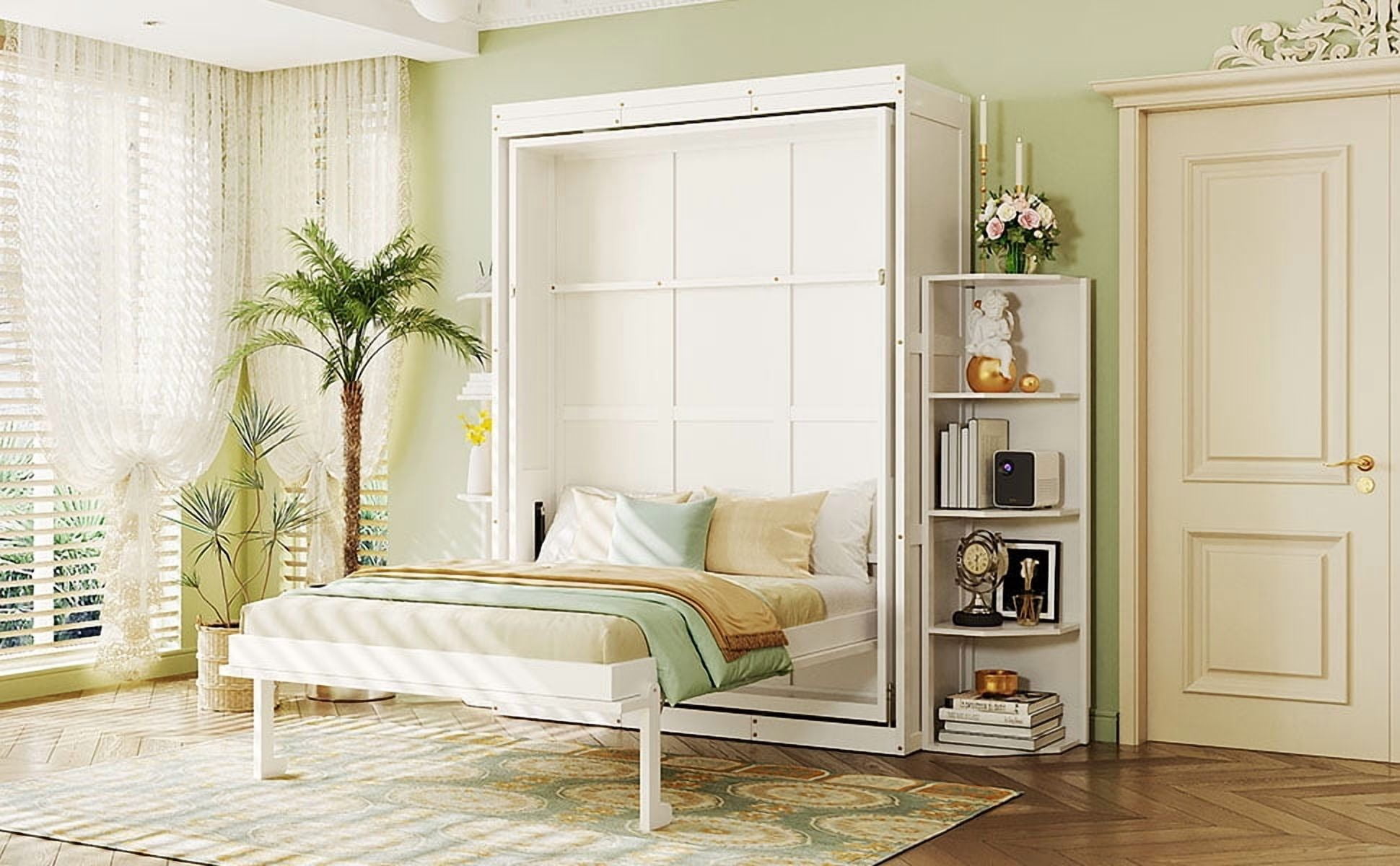 Mintazer Rotating Full Size Murphy Wall Bed with Convertible Desk & Dual Side Bookcases, Multifunctional Murphy Bed with Cabinet for Home Office Bedroom, White