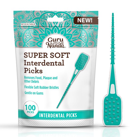 GuruNanda Interdental Picks (Pack of 100), Super Soft & Flexible Rubber Bristles, Dental Floss Picks to Remove Food Debris, Plaque & Go Gentle on Gums
