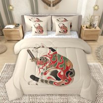 Manfei Vintage Boho Exotic 7-Piece Bedding Comforter Set,bohemian Cat Kitten King Bedding Sets,Japanses Style Print Bed Sheets For Kids,Breathable Home Decor Reversible