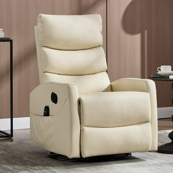 Trustyue Manual Recliner Chair with Heat & Vibration Massage, 360° Swivel Rocker Recliner with 155° Recline and Lumbar Heat, Compact Recliner for Living Room & Small Spaces (Leather, Creamy Beige)