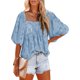 thumbnail image 1 of Camisa fluida para mujer Camiseta casual con cuello cuadrado que combina con todo Textura floral (Azul L) FLhrweasw Para estrenar, 1 of 8