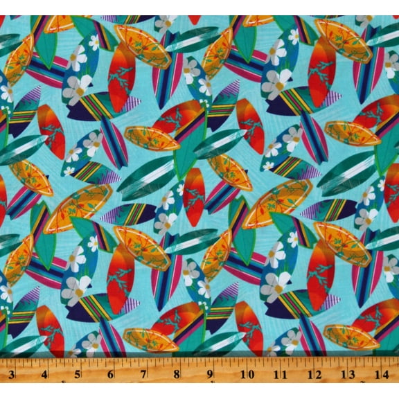 Cotton Surfboards Surfing Surfers Beach Summer Vacation Tropical Travel Surfs Up Aqua Cotton Fabric Print by the Yard (126320)