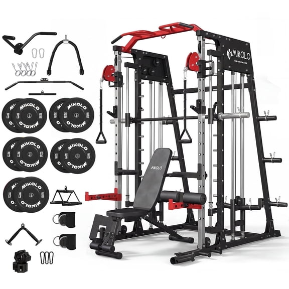 Mikolo Smith Machine Home Gym, 2200lbs Power Rack with Weight Bench and 260LBS Plates, Training Equipment with LAT-Pull Down System & Functional Trainer