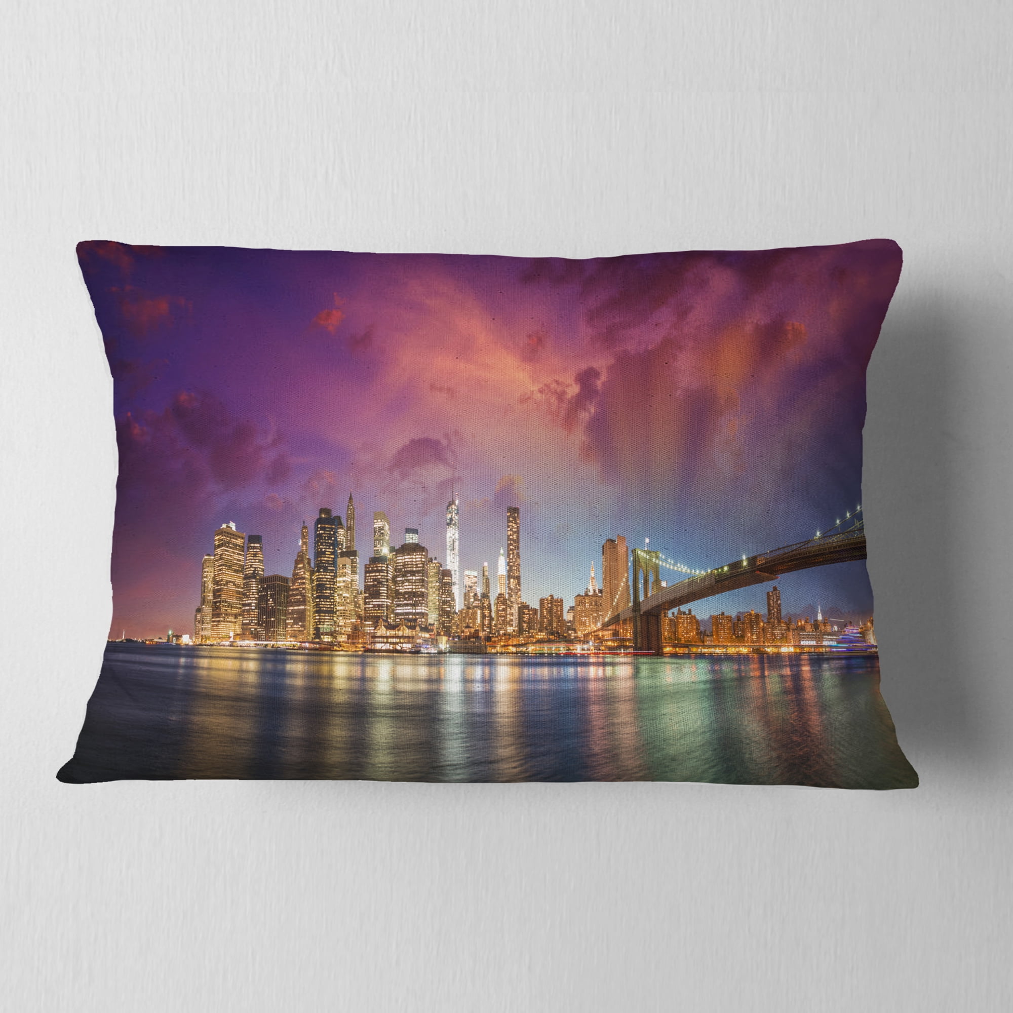 Designart New York City Manhattan Skyline Red - Cityscape Photo Throw Pillow - 12x20