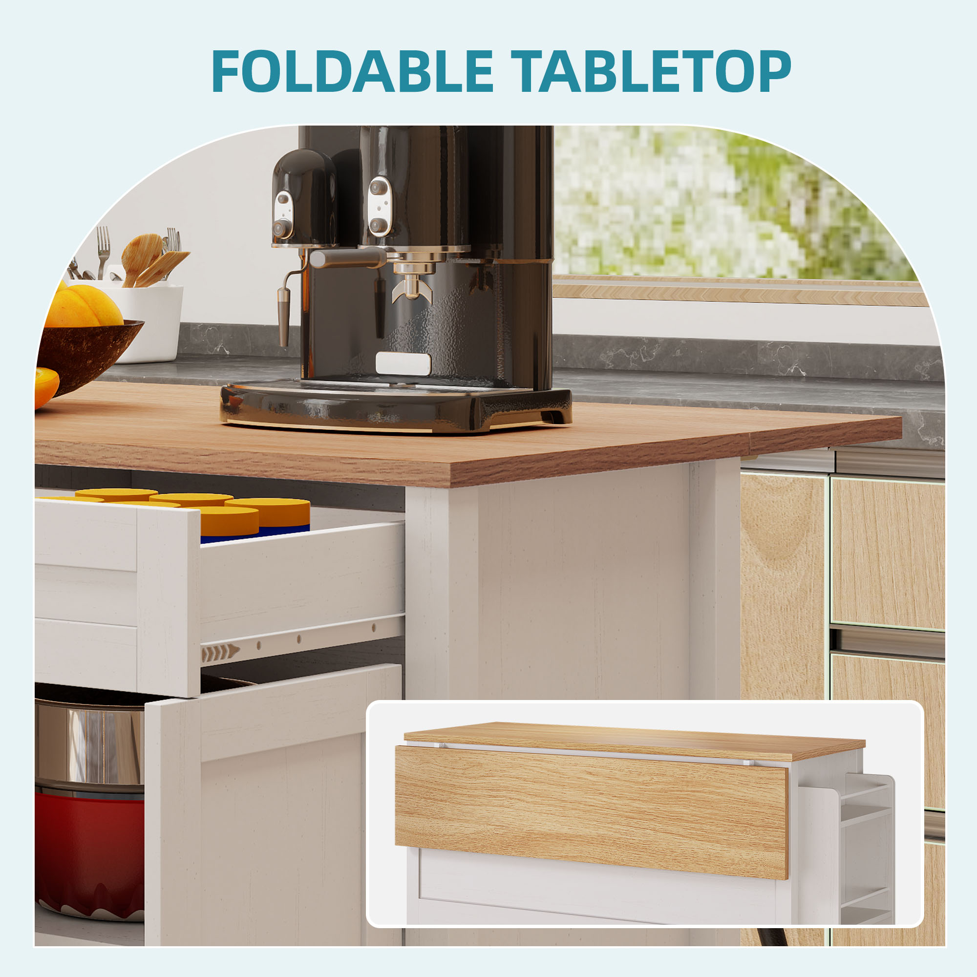 Uforic Kitchen Island Table with Drop Leaf & Wheels, Kitchen Island Cart with Trash Storage, White