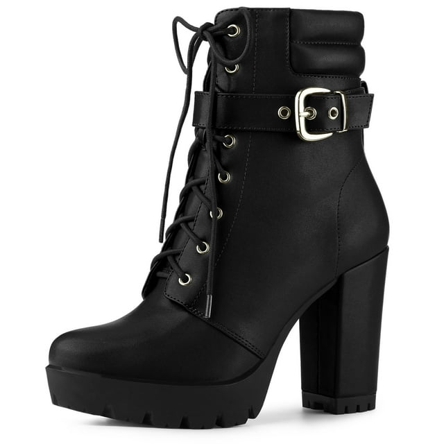 BLISSFUL STEP Women's Platform Buckle Lace Up Chunky Heels Ankle Boots
