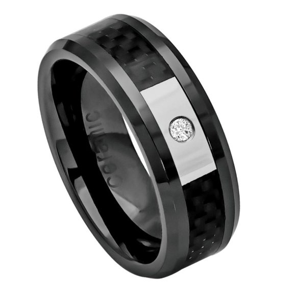 Custom Personalized Engraving Wedding Band Ring Set for Him & Her 8mm Black Carbon Fiber Inlay