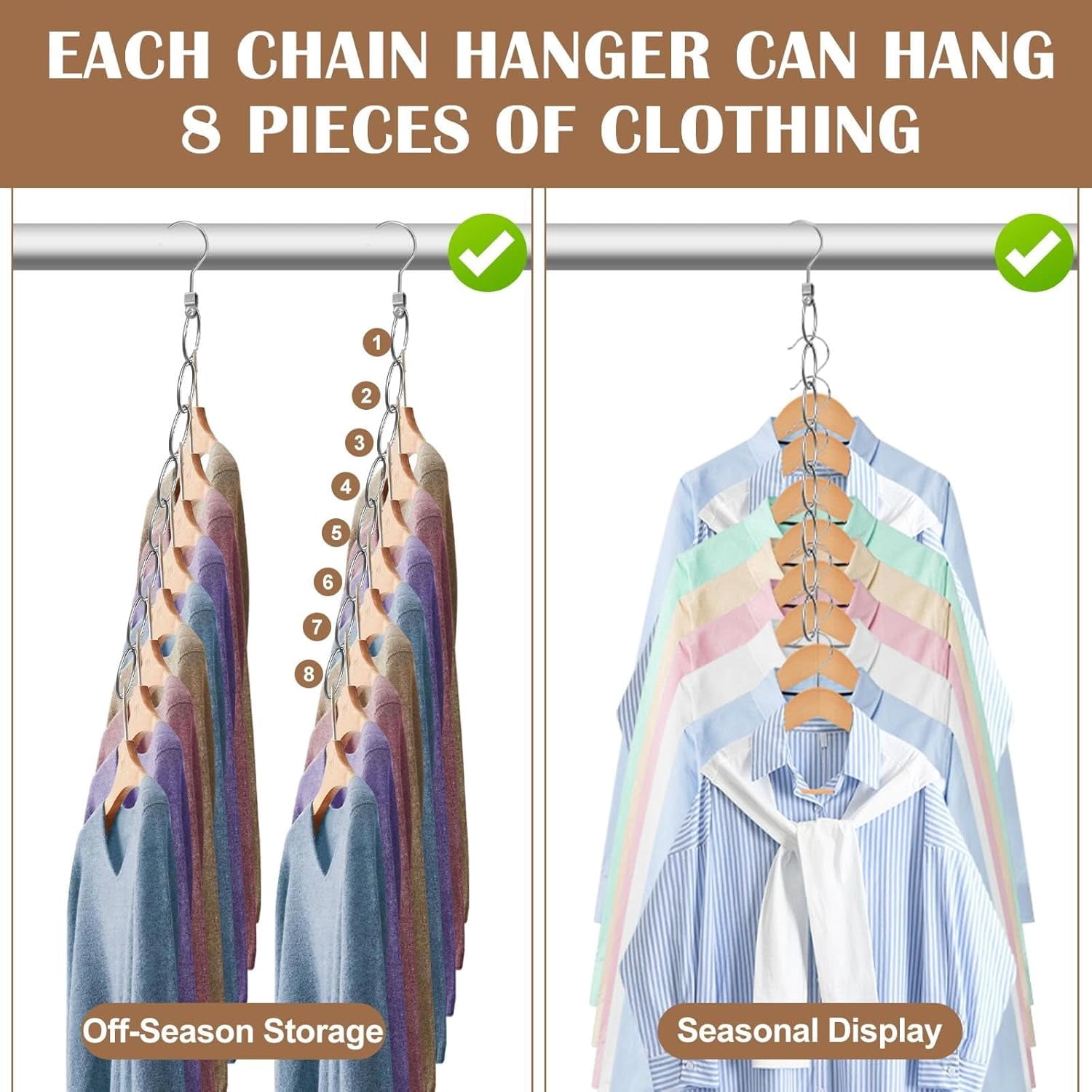 FRKSMD-80 Holes Clothing Chain Hangers, 10-Pack Metal Space Saving Hangers, 360 Degree Rotatable Hook for Easy Display and Access, Closet Organizers for Home, Travel, College Dorm Room