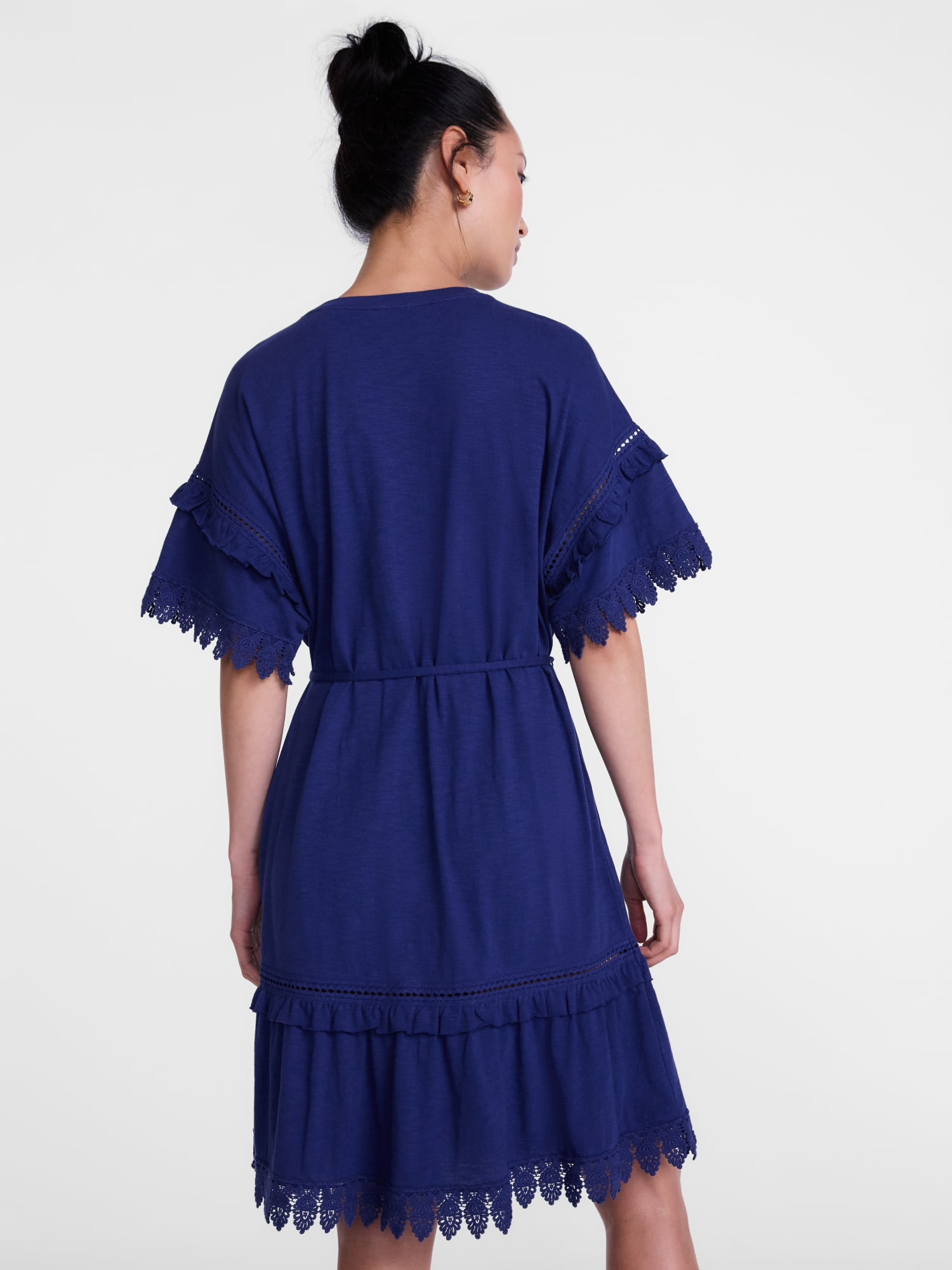 Scenario Women's Lace Trim Knit Dress with Short Sleeves, Sizes XS-XXXL
